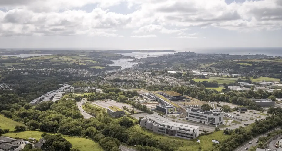 Aerial view of Penryn campus and the coast